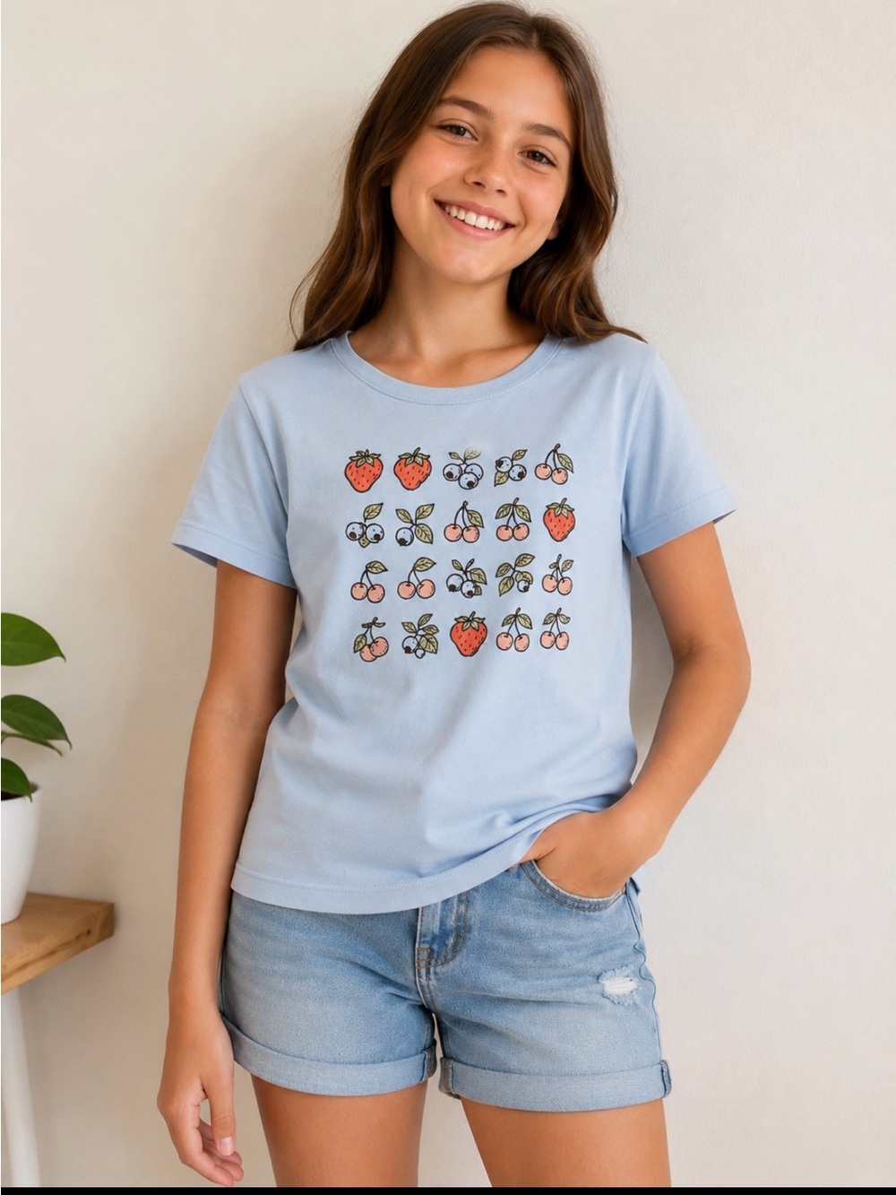 NWT: SO Light Blue Short Sleeve Tee with Fruit Grid